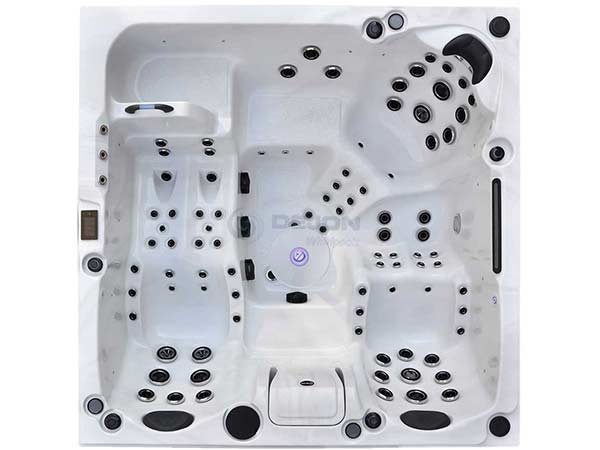 Winterfester Outdoor-Whirlpool für bis zu 5 Personen mit Tisch in der Mitte EVOLUTION-Serienmodell Holiday von DEJON Whirlpools